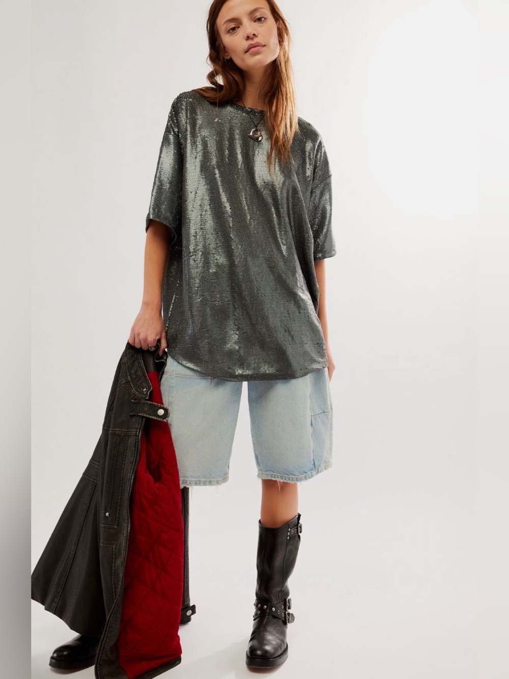 FREE PEOPLE Metallic Short-Sleeve Crewneck Top - Charcoal